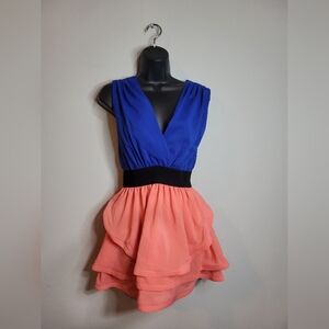 Reverse Plunge Neck Blue and Pink Cocktail Mini Dress